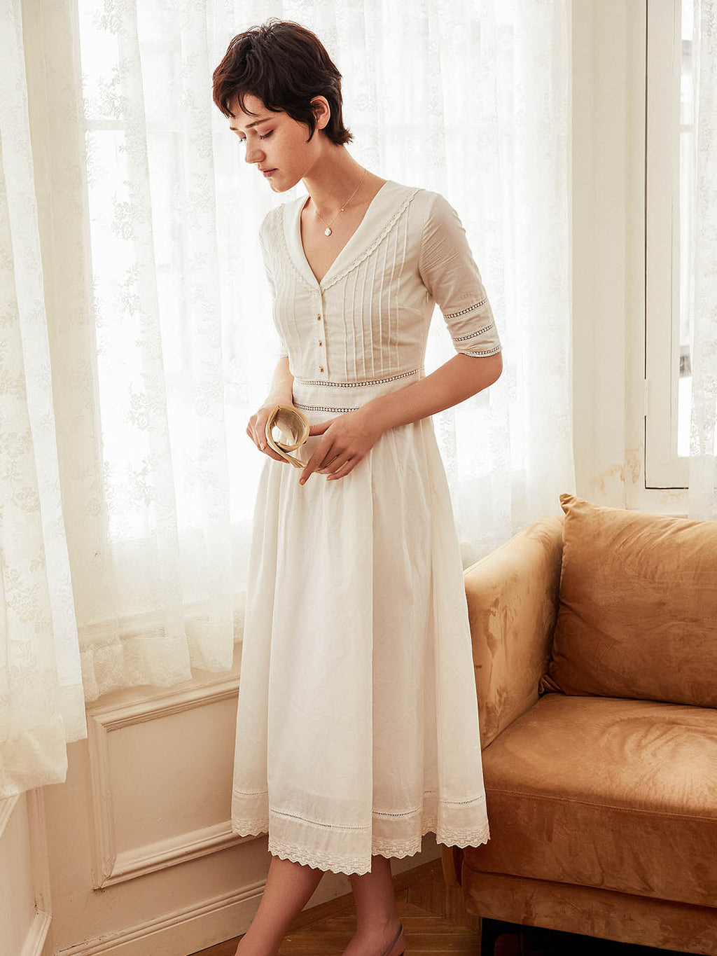 Laura 100% Cotton White Midi Dress