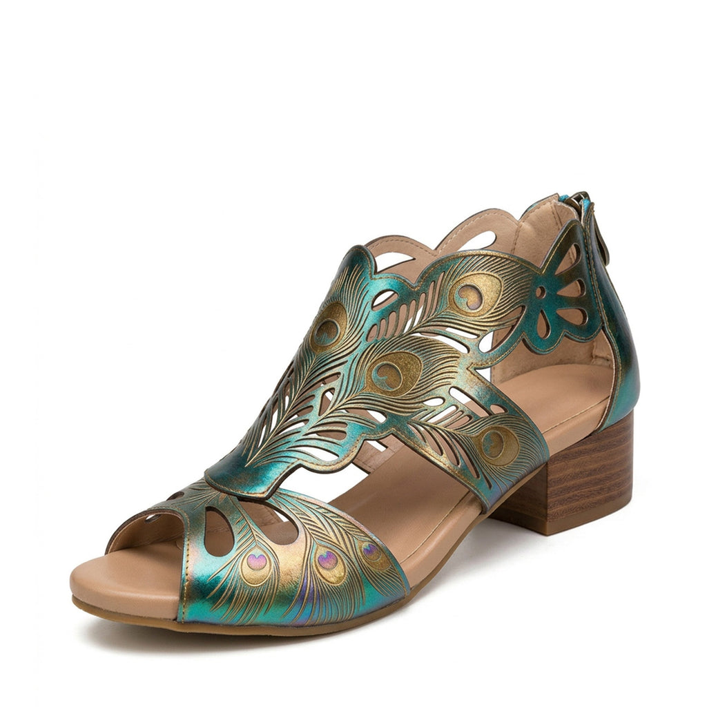 Peacock-Inspired Leather Cutout Sandals