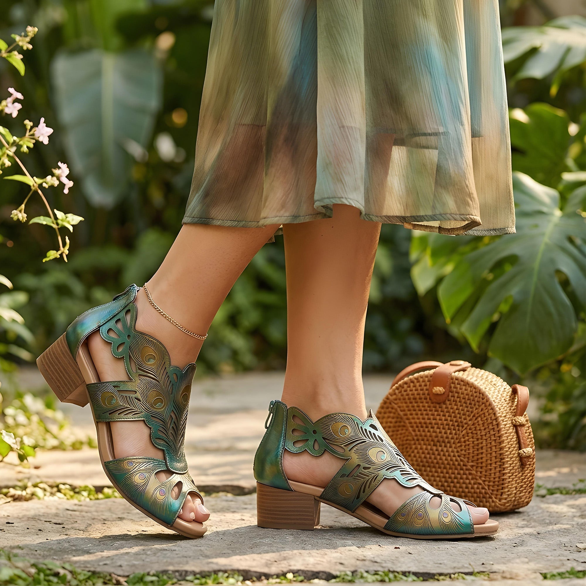 Peacock-Inspired Leather Cutout Sandals